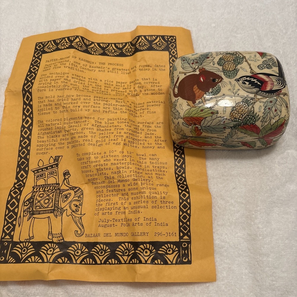 VTG 1979 Handmade In Kashmir Trinket Paper Mache Box Hand Painted W/paperwork
